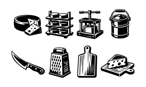 Vintage cheese making tools and equipment vector set in black and white silhouette style