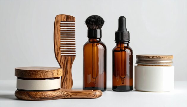 Beard care set with minimalist look, wooden comb, oil bottle, balm container, white background.