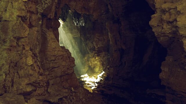 Hang son doong golden sinkhole portal bathes mossy ledge and foliage in warm sunlight, dramatic contrast with cavern darkness, steep rock walls and soft rays