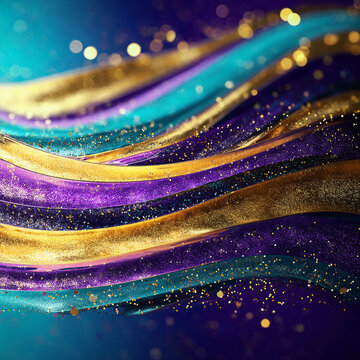 Glitter Teal Violet Golden Wave Stripes Design. Sparkle Motion Lines with bokeh effect background