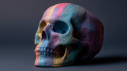 Handmade Colorful Clay Skull in Modern Artistic Style for Day of the Dead Celebration and Digital Security Niche