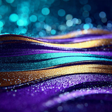 Glitter Teal Violet Golden Wave Stripes Design. Sparkle Motion Lines with bokeh effect background