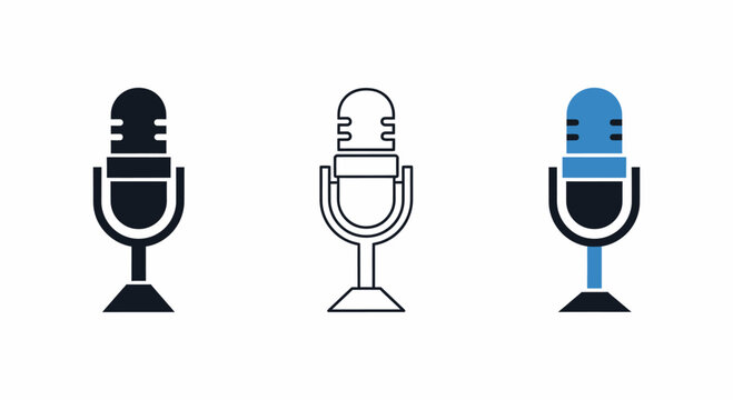Retro Microphone Icon Set Solid Outline Blue Vector Illustration Isolated White Background