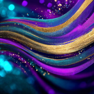 Glitter Teal Violet Golden Wave Stripes Design. Sparkle Motion Lines with bokeh effect background