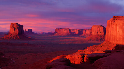 Naklejka premium Dramatic Sunset Over Vast Desert Landscape with Vibrant Purple and Crimson Skies Illuminating Majestic Rock Formations and Buttes