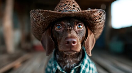 An adorable dog in a straw hat and checkered shirt posing cutely in a rustic farm environment, capturing the charm and personality of pets in cheerful settings.