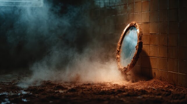 A hauntingly beautiful scene features a dusty mirror in a dimly lit, abandoned space, evoking feelings of nostalgia and curiosity, while nature's dust particles linger in the air.