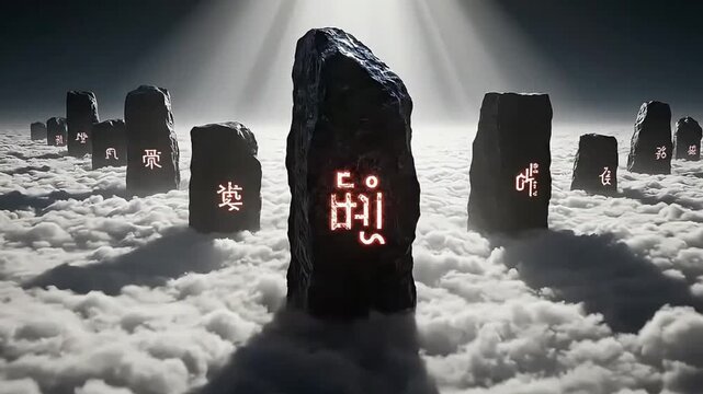 Mysterious rune monoliths standing in ethereal cloud landscape