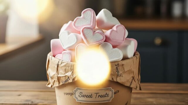 A brown paper bucket filled with pink and white heart-shaped candies on a wooden table