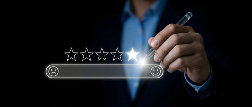 Person holding a pen pointing to a five-star rating scale with a bright light highlighting