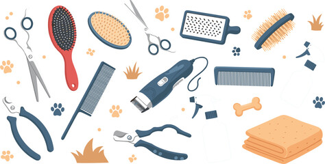 Set of pet grooming tools and accessories, flat illustrations of animal hair brushes, scissors, electric clippers and combs, pet care concept isolated on white background