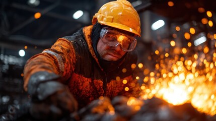 A dedicated worker in a forge focuses intensely as sparks fly around him, encapsulating the energy and craftsmanship associated with steel production and metalwork.