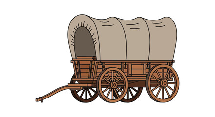 A colorful illustration depicts a covered wagon likely from the old west presented as a striking silhouette high quality professional detailed