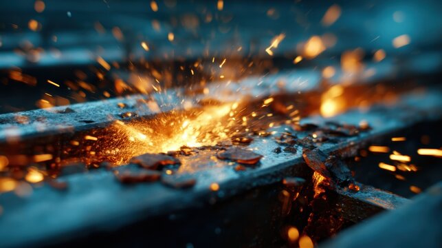 Close-up of a metalworking process captures dynamic sparks flying, revealing the artistry and energy in craftsmanship as molten metal transforms under skilled hands.