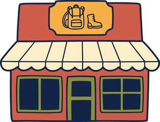 Obraz premium Outdoor gear shop illustration with backpack and hiking boot sign, storefront vector graphic