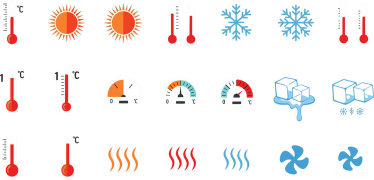 Set of temperature and climate control icons, flat vector symbols of thermometers, sun, snowflakes, ice cubes and heat indicators isolated on white background