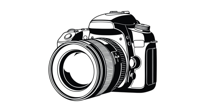 A detailed illustration of a professional dslr camera showcasing its features in a striking black silhouette high quality modern elegant stylish