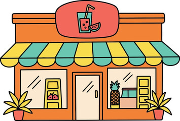 Colorful Juice Bar Storefront Illustration with Fruit and Awning for Summer Branding