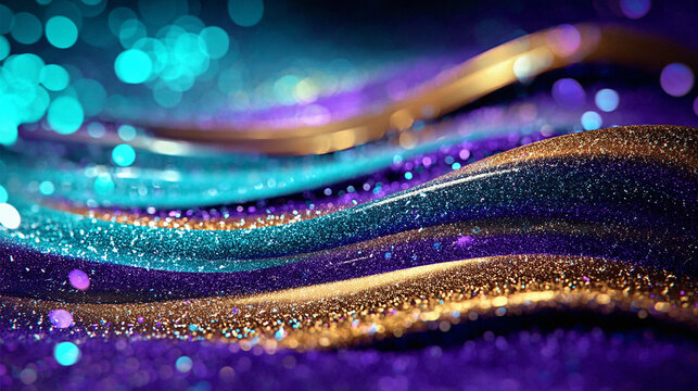 Glitter Teal Violet Golden Wave Stripes Design. Sparkle Motion Lines with bokeh effect background