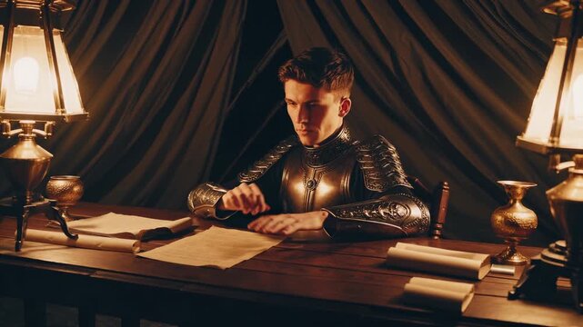 Knight man reading parchment at desk. Man in armor studies map by lantern inside tent. Medieval table holds manuscript and scroll. Warm lamp light creates rustic mood. Historic study evokes strategy.