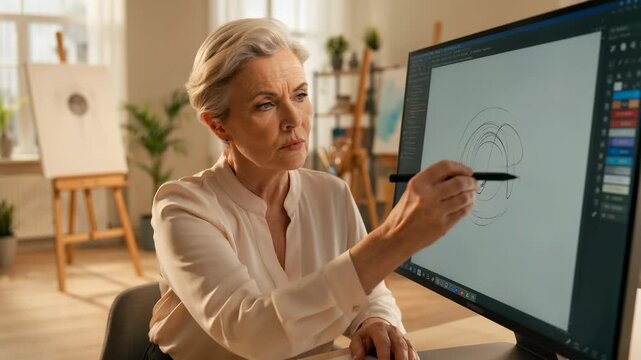Focused senior woman artist drawing on a digital monitor with a stylus in a bright home studio, showcasing modern retirement, creativity, and technological proficiency for seniors.
