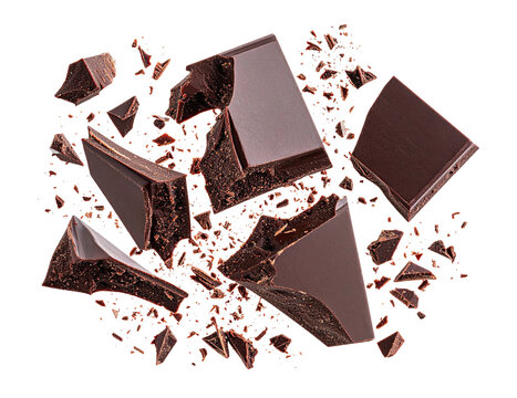 Isolated floating chocolate bar and crumbs