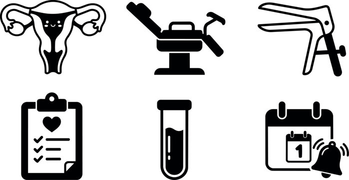 Black and white vector icons set including smiling uterus gynecological chair speculum health clipboard test tube and calendar with alarm bell