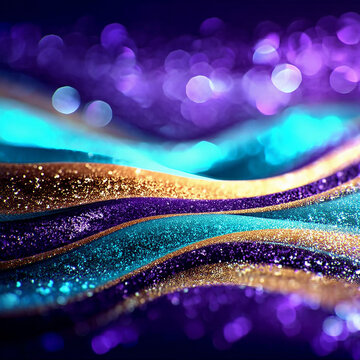 Glitter Teal Violet Golden Wave Stripes Design. Sparkle Motion Lines with bokeh effect background