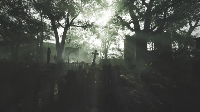 Ruined mausoleum framed by light shafts, dense undergrowth, scattered tombs, layered fog, high contrast rays, cinematic grain, weathered stone carvings, solemn