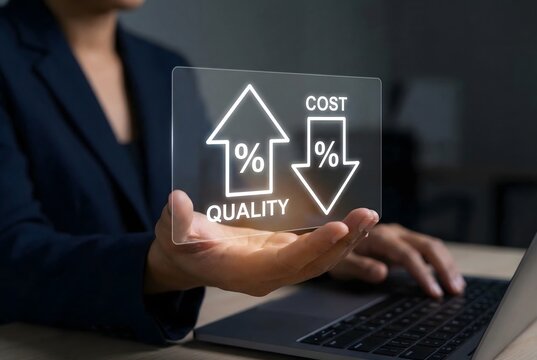 Businesswoman holding a transparent card showing quality increase and cost reduction trends