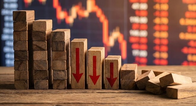 Decreasing stacks of rustic wood blocks with red arrows painted on surfaces arranged against blurred stock market candlestick charts and numerical data signifying persistent bear market and inflation