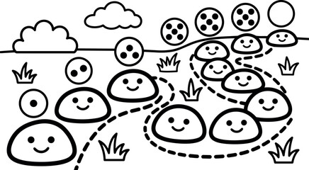 Black and white line art smiling faces connected by dashed lines in playful network with clouds and grass elements