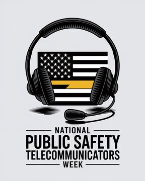 Illustration of Professional Communication Headset Over Thin Gold Line Flag for National Public Safety Telecommunicators Week Marketing Materials