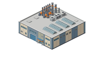 Obraz premium Isometric view of a modern industrial building with multiple chimneys and air conditioning units on the roof, showcasing a clean and efficient facility for manufacturing or production processes