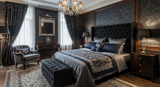 Luxurious dark bedroom with ornate furniture and decorative elements