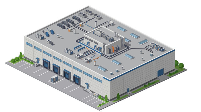 Modern industrial warehouse building with loading docks and HVAC units, an isometric illustration