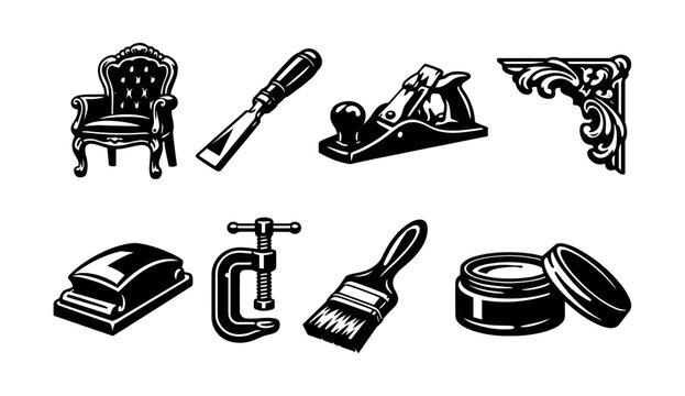 Black and white woodworking tools set illustration clipart with vintage style elements