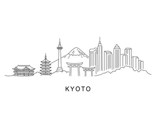 Obraz premium Linear panorama of the city of Kyoto in Japan. Landmarks include an old temple and a modern downtown against a mountain backdrop. Flat vector illustration isolated on white background.