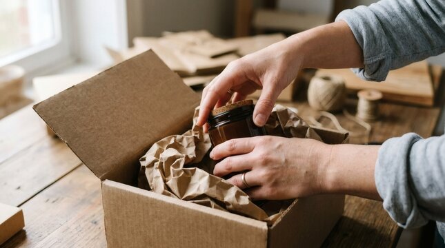 Packing items into a cardboard box with protective cushioning material