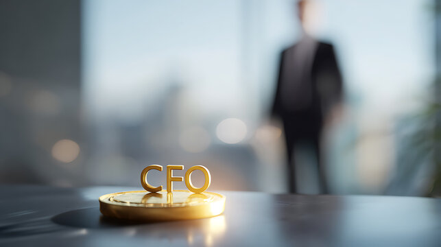 Golden CFO Text on Pedestal with Blurred Executive Figure in Modern Office, Representing Leadership and Financial Management Success