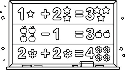 Obraz premium Black and white line art math equations with stars apples and flowers on classroom whiteboard with marker tray