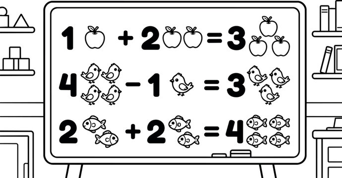 Black and white line art educational math problems with apples birds fish counting addition subtraction on classroom whiteboard