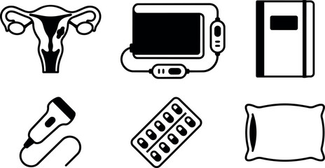 Black and white minimalist medical icons set showing uterus screening ultrasound device pill pack diary and pillow elements