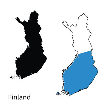 Finland map collection featuring black silhouette and outline with blue southern territory