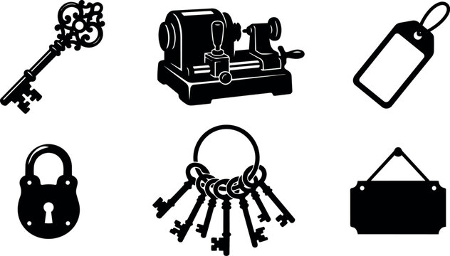 Black silhouette vintage keys padlock old fashioned keyring price tag hanging sign vector icons set