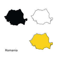 Obraz premium Romania map graphics including black silhouette outline and yellow filled vector templates