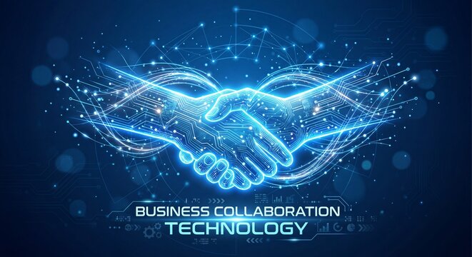 Digital Agreement: A captivating digital depiction of a handshake, symbolizing business collaboration and technological innovation.