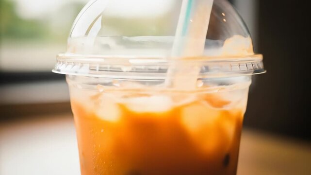 A close-up photo of an iced orange drink in a clear plastic cup