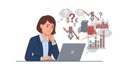 Stressed businesswoman facing a challenging financial crisis, analyzing the severe business downturn and economic struggle with uncertainty