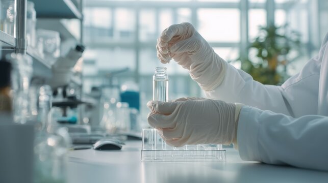 Laboratory chemistry experiment with lab research science and test health clinical. People bio biomedicine with blue laboratory japanese and pharma titration vial. Microscope medical laboratory.